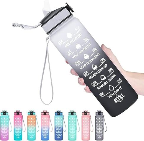 Vita Large Water Bottles | 32oz Motivational Water Bottles with Time Marker | Fitness Sports Water Bottle with Strap & Straw for Office, Gym, Outdoor Sports BPA Free (Gray-Black) in Saudi Arabia