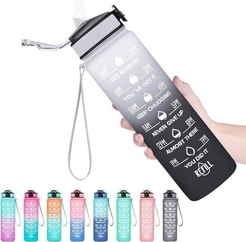 Vita Large Water Bottles | 32oz Motivational Water Bottles with Time Marker | Fitness Sports Water Bottle with Strap & Straw for Office, Gym, Outdoor Sports BPA Free (Gray-Black) in Saudi Arabia