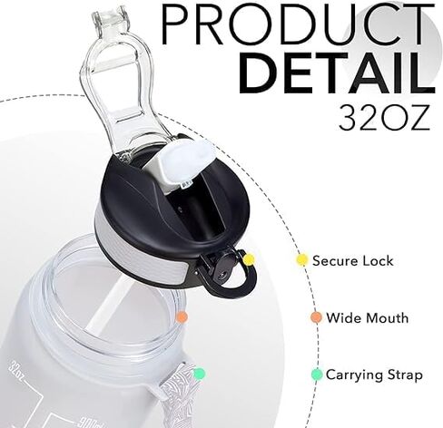 Vita Large Water Bottles | 32oz Motivational Water Bottles with Time Marker | Fitness Sports Water Bottle with Strap & Straw for Office, Gym, Outdoor Sports BPA Free (Gray-Black) in Saudi Arabia