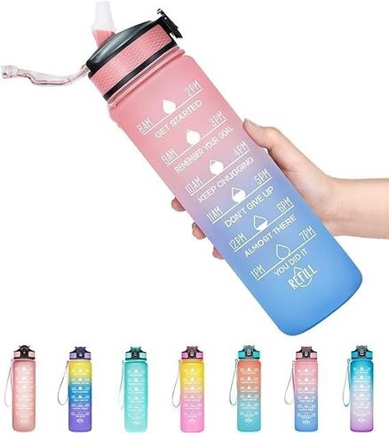 Vita Large Water Bottles | 32oz Motivational Water Bottles with Time Marker | Fitness Sports Water Bottle with Strap & Straw for Office, Gym, Outdoor Sports BPA Free (Gray-Black) in Saudi Arabia