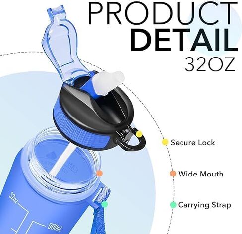 Vita Large Water Bottles | 32oz Motivational Water Bottles with Time Marker | Fitness Sports Water Bottle with Strap & Straw for Office, Gym, Outdoor Sports BPA Free (Gray-Black) in Saudi Arabia