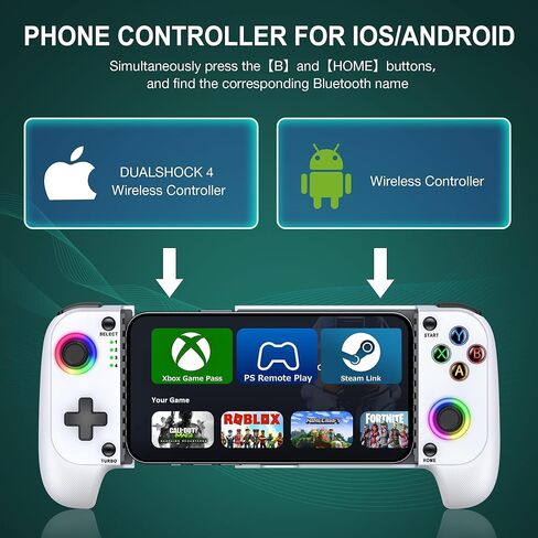 وحدة تحكم ألعاب الهاتف المحمول اللاسلكية لأجهزة iPhone/Android مع دعم حافظة الهاتف - وحدة تحكم ألعاب الهاتف RGB لـ Xbox Game Pass وPlayStation وSteam Link وCall of Duty وRoblox وMinecraft والمزيد، تأتي مع قبضة الإبهام وملصقات كريستال in Kuwait