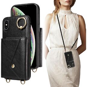 Crossbody Wallet Case for iPhone Xs Max with Card Holder, Leather Case with Long Shoulder Strap, Purse Shockproof Flip Cover for iPhone Xs Max (Black)