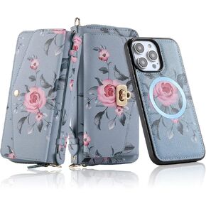 LITOU Compatible for iPhone 14 Plus Wallet Case for Women with Detachable Magnetic Phone Case Support Wireless Charging,RFID Blocking Card Holder,Crossbody Strap Wristlet.B4