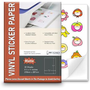 Glossy Printable Vinyl Sticker Paper for Inkjet & Laser Printer - 30 Sheets - 8.5" x 11" - Waterproof, Dries Quickly Vivid Colors