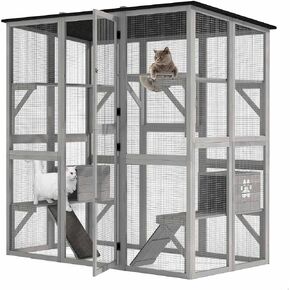 DWVO Cat House Outdoor Catio Kitty Enclosure 71" Walk in Cat Kennel Large Kitten Cage with Platforms, 2 Cat Scratcher Ramp and Small Cat House, 1 Cat Space Capsule Bed
