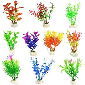 CNZ Assorted Color Aquarium Plastic Plant Decoration w Ceramic Base (10-Piece)