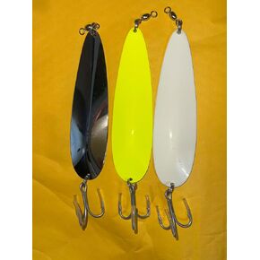 3Pcs Set 5.5' Giant Whale Magnum Flutter Spoon for Saltwater Striped Bass, Bluefish,Salmon, Walleye, Trolling Fishing, Silver Yellow Glowing