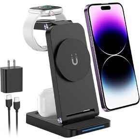 2024 Magnetic Wireless Mag-Safe Charging Station,3 in 1 Fast Charging for iPhone 16 15 1413 12 Pro Max Plus Charger Holder for Apple Watch Series and Air pods 32 Pro, Gift Men Foldable