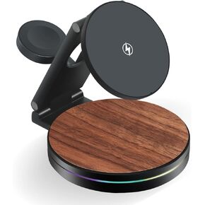 3 in 1 Wireless Charging Station for Apple Devices, Phone Charger Stand，Magnetic Phone Holder, Foldable Travel Fast Charging Stand for Mag Safe iPhone 16/15/14/13/12, Apple Watch, AirPod（Wulnut Wood）