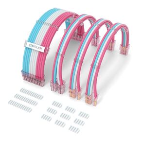 Sirlyr PSU Cable Extension,Customed Pre-Bend PC Power Supply Cable,1x 24 Pin ATX / 1x 8 (4+4) Pin EPS/Longer 2X 8 (6+2) Gold-Plated Pin Pcie,Nylon Sleeved Pink Blue White,4 Kits
