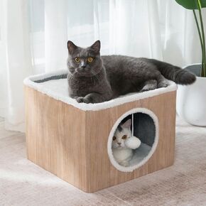 LUCKITTY Cat Condo House with Reversible Cushions and Fluffy Ball Hanging, Foldable Cat Cube, Large Cave Bed for Indoor Cats Kittens, Brown Wood Grain Pattern
