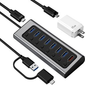 BENFEI 7-Port USB 3.0 Data Hub with BC 1.2 Charging Port, 45W GaN Super Fast Charger Dual Type C