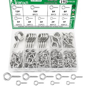 195PCS Silver Screw Eyes Assortment Kit- 0.75", 0.78", 0.90", 1", 1.1", 1.18", 1.39", 1.57", 1.75" Nickel Plated Eyelet Screws, Metal Small Tapping Screw Hooks Ring, Eye Screws for Wood