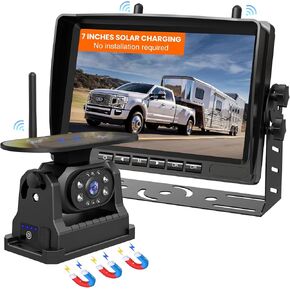 Wireless Backup Camera – Back Up Camera System with Magnetic Install-Free Solar Rear View Camera and 7" HD 1080p Monitor for Trailers, Trucks, RVs, and Campers