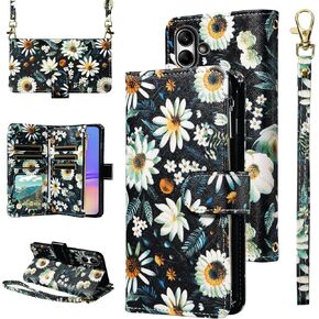 Wallet Case for Samsung Galaxy A05 with Detachable Wrist Strap Crossbody Shoulder Strap Flower Leather 6+ Card Slots Zipper Purse Credit Holder Protector Stand Phone Cover Ao5 A 05 Girls Black