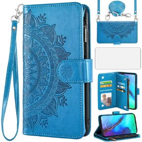 Asuwish Phone Case for Moto G Stylus 2020 MotoG Pro Wallet Cell Cover with Screen Protector Lanyard Wrist Strap Mandala Flower Zipper Card Holder Motorola GStylus Stylo XT2043-4 XT2043 Girls Gray