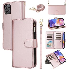 Wallet Case for Samsung Galaxy A32 5G 2021 6.5 inch with Wrist Strap Crossbody Shoulder Strap Zipper Purse 11+ Card Slots Protector Phone Cover M32 G5 A 32 32A S32 SM-A326U A326U Girls Black