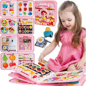 Quanquer Cooking Busy Board for Toddlers 1-3 - Montessori Busy Book for Girls Birthday Gift - Learning Educational Sensory Toys for Girls - Airplane Car Toddler Travel Toys