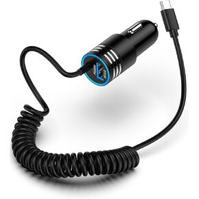 Moto 48w Car Charger Type C Car Lighter Adapter Built-in 4ft Coiled USB-C Fast Phone Charging Cord for Moto G Power Pure Play Stylus 5G Razr Edge 2024 G75 G55 G35 G45 G85 G64 G24 S50 ThinkPhone 25