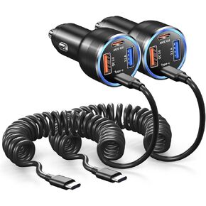65W Super Fast Type C Car Charger for Samsung Galaxy S24 S23 Ultra, 2Pack 4-Port USB C Car Charger for Samsung A13 A14 A15 A53 A54 S21 S22FE Note 10 20 Android Car Adapter +5FT Type C Coiled Cable