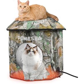 Heated Cat House for Outdoor Cats, Weatherproof, Insulated Cat House for Winter with Heated Pad, Castle House Design, Indoor/Outdoor Cat Shelter for Barn Kitty Feral(Olive Green)