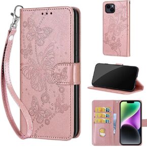 Designed for iPhone 15 Plus Case Wallet,Women Flip Folio Cover with Embossed PU Leather Stand Credit Card Holders Slots Wrist Strap Phone Case for iPhone 15 Plus 6.7 Inch (Rose Gold Butterfly)