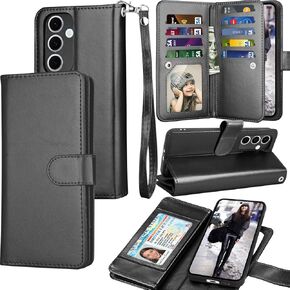 Tekcoo Wallet Case for Galaxy S24 FE / S24 Fan Edition 5G / SM-S721, Luxury Cash Credit Card Slots Holder Carrying Folio Flip PU Leather Cover [Detachable Magnetic Case] for Samsung S24 FE 5G - Black