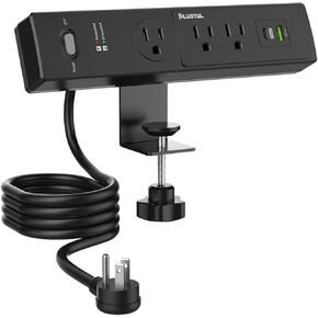 Desk Clamp Power Strip, 6FT Desk Outlet Station with 3 Outlet, PD 20W Fast Charging, Flat Plug, 14 Gauge, 980J Surge Protector, Black Desk Power Strip with USB C, Fit 1.72" Tabletop Edge