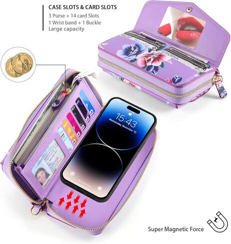 LITOU Compatible for iPhone 14 Plus Wallet Case for Women with Detachable Magnetic Phone Case Support Wireless Charging,RFID Blocking Card Holder,Crossbody Strap Wristlet.B4 in Kuwait