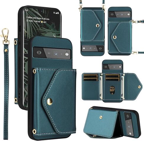 Wallet Case for Google Pixel 6 Pro with Wrist Lanyard Shoulder Strap,PU Leather Credit Card Holder Stand Accessories Cell Phone Cover for Pixel6Pro Pixel6 XL 6XL Pixle 6Pro 5G Women Men Black in Kuwait