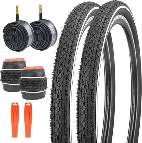 MEGHNA Bike Tire 20/24/26 x 2.125 inch Mountain Bike Tire with Bike Tube A/V 48mm & Tire Lever White Wall Foldable Tire Replacement for Cruiser Bike Kids Bike Mountain Bike Folding Bike City Bike in Kuwait