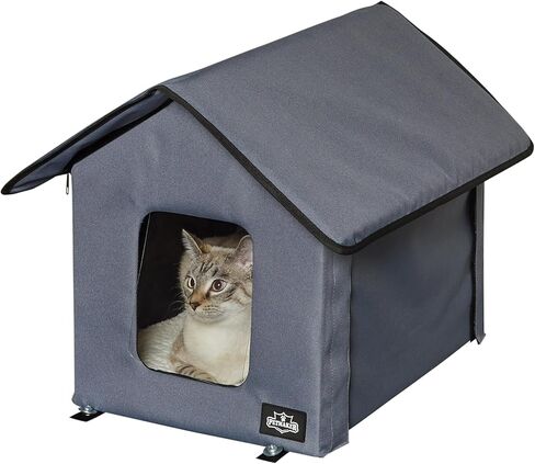 Heated Cat House - Double-Door Cat Bed with Zippered Roof, Pet Heating Pad, and Sherpa Cover - for Garage, Porch, Barn, or Basement by PETMAKER (Gray) in Saudi Arabia