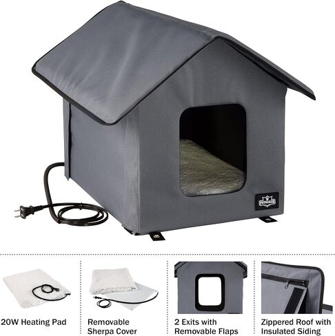 Heated Cat House - Double-Door Cat Bed with Zippered Roof, Pet Heating Pad, and Sherpa Cover - for Garage, Porch, Barn, or Basement by PETMAKER (Gray) in Saudi Arabia
