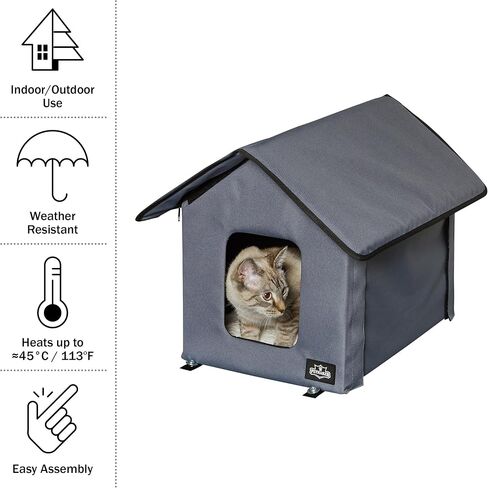 Heated Cat House - Double-Door Cat Bed with Zippered Roof, Pet Heating Pad, and Sherpa Cover - for Garage, Porch, Barn, or Basement by PETMAKER (Gray) in Saudi Arabia