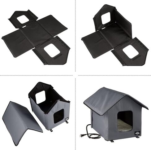 Heated Cat House - Double-Door Cat Bed with Zippered Roof, Pet Heating Pad, and Sherpa Cover - for Garage, Porch, Barn, or Basement by PETMAKER (Gray) in Saudi Arabia