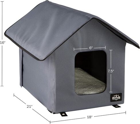 Heated Cat House - Double-Door Cat Bed with Zippered Roof, Pet Heating Pad, and Sherpa Cover - for Garage, Porch, Barn, or Basement by PETMAKER (Gray) in Saudi Arabia