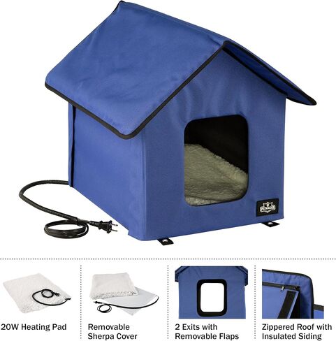 Heated Cat House - Double-Door Cat Bed with Zippered Roof, Pet Heating Pad, and Sherpa Cover - for Garage, Porch, Barn, or Basement by PETMAKER (Gray) in Saudi Arabia