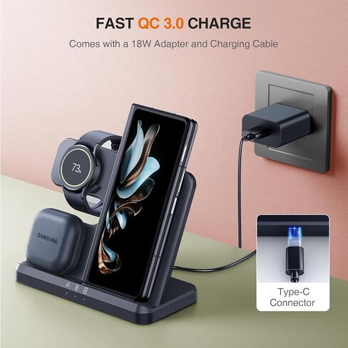 Wireless Charger for Samsung Charging Station Compatible for Galaxy Watch 7 6 Classic 5 Pro S24 S23 S22 Ultra Plus Z Fold Flip 6 5 4 3(NOT for Watch Ultra) in Saudi Arabia