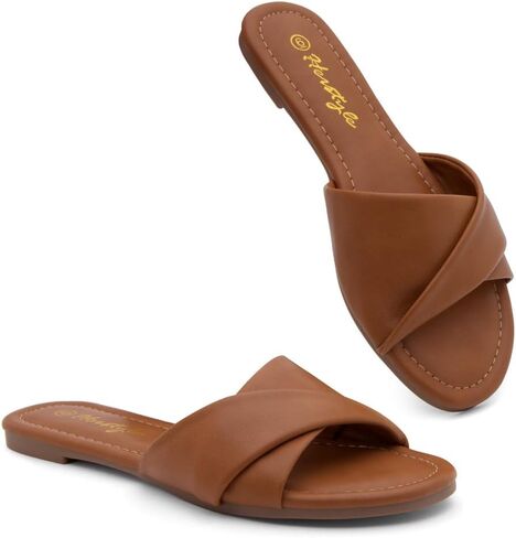Herstyle MARLENA Women’s Flat Sandals Fashion Slides Black White Flat Sandals Open Toe Single Band Dressy Sandals Comfortable Slip on Slippers for Summer in Saudi Arabia