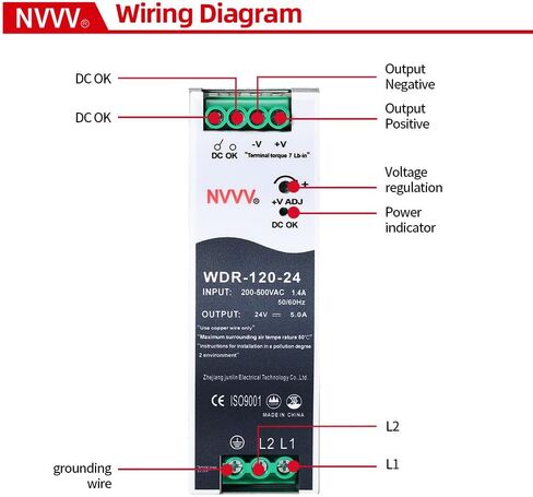 WDR-120-24 24 فولت، الإدخال: 180 ~ 550 فولت تيار متردد، الإخراج: 24 فولت تيار مستمر 5 أمبير، 120 وات مصدر طاقة السكك الحديدية الصناعية DIN محول التيار المتردد إلى التيار المستمر in Kuwait