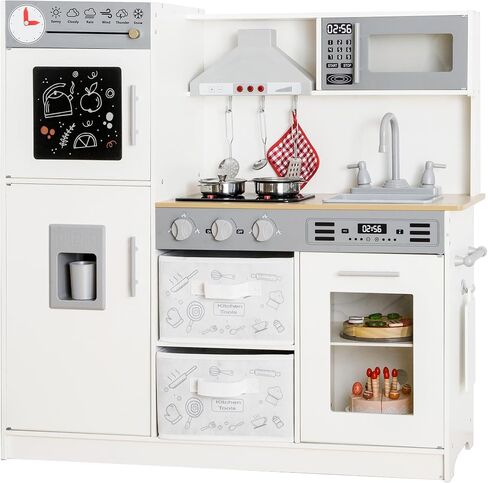 Play Kitchen Pretend Wooden Kids Kitchen Playset Toy Kitchen with Real Sound & Light and Toy Storage System and 12 Pcs Toddler Kitchen Accessories, for Boys and Girls Ages 3+,White Gold in Saudi Arabia