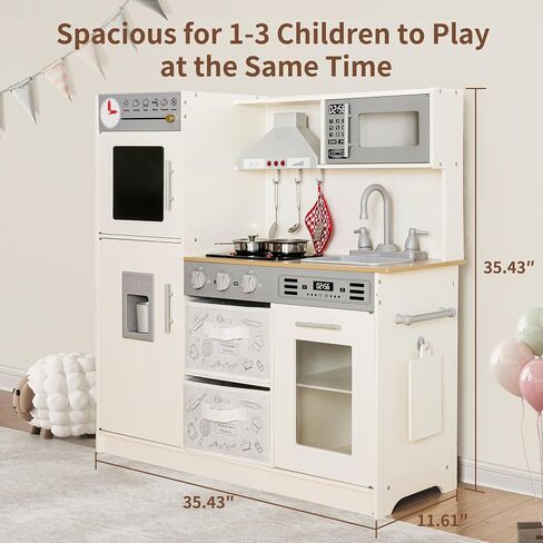 Play Kitchen Pretend Wooden Kids Kitchen Playset Toy Kitchen with Real Sound & Light and Toy Storage System and 12 Pcs Toddler Kitchen Accessories, for Boys and Girls Ages 3+,White Gold in Saudi Arabia