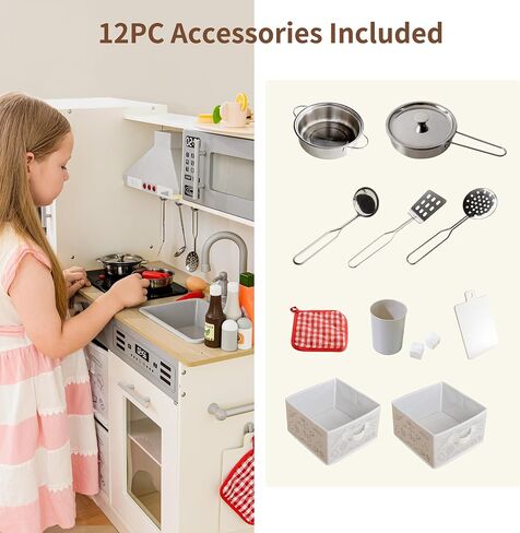 Play Kitchen Pretend Wooden Kids Kitchen Playset Toy Kitchen with Real Sound & Light and Toy Storage System and 12 Pcs Toddler Kitchen Accessories, for Boys and Girls Ages 3+,White Gold in Saudi Arabia