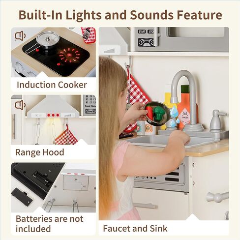 Play Kitchen Pretend Wooden Kids Kitchen Playset Toy Kitchen with Real Sound & Light and Toy Storage System and 12 Pcs Toddler Kitchen Accessories, for Boys and Girls Ages 3+,White Gold in Saudi Arabia