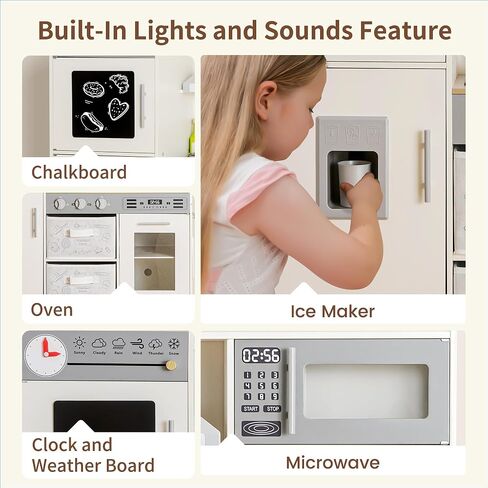 Play Kitchen Pretend Wooden Kids Kitchen Playset Toy Kitchen with Real Sound & Light and Toy Storage System and 12 Pcs Toddler Kitchen Accessories, for Boys and Girls Ages 3+,White Gold in Saudi Arabia