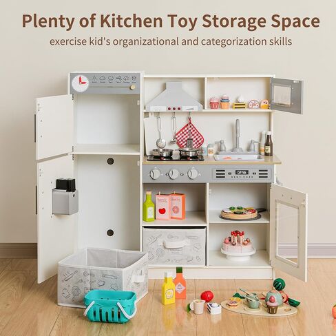Play Kitchen Pretend Wooden Kids Kitchen Playset Toy Kitchen with Real Sound & Light and Toy Storage System and 12 Pcs Toddler Kitchen Accessories, for Boys and Girls Ages 3+,White Gold in Saudi Arabia