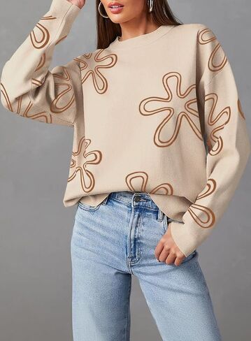 Dokotoo Sweaters for Women Casual Crewneck Long Sleeve Floral Print Cable Knit Pullover Sweater Tops in Saudi Arabia