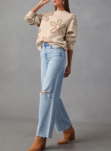 Dokotoo Sweaters for Women Casual Crewneck Long Sleeve Floral Print Cable Knit Pullover Sweater Tops in Saudi Arabia
