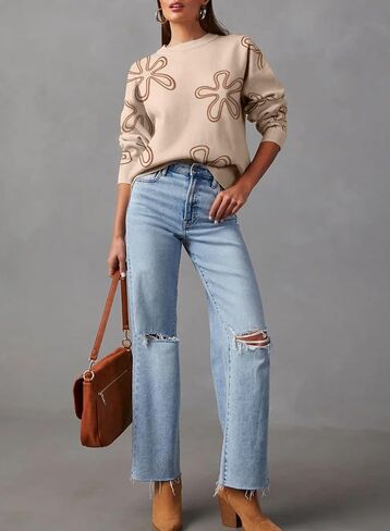 Dokotoo Sweaters for Women Casual Crewneck Long Sleeve Floral Print Cable Knit Pullover Sweater Tops in Saudi Arabia